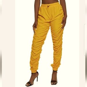 Love 83 Mustard Ruched Nylon Joggers NWT Stacked Sz. L
